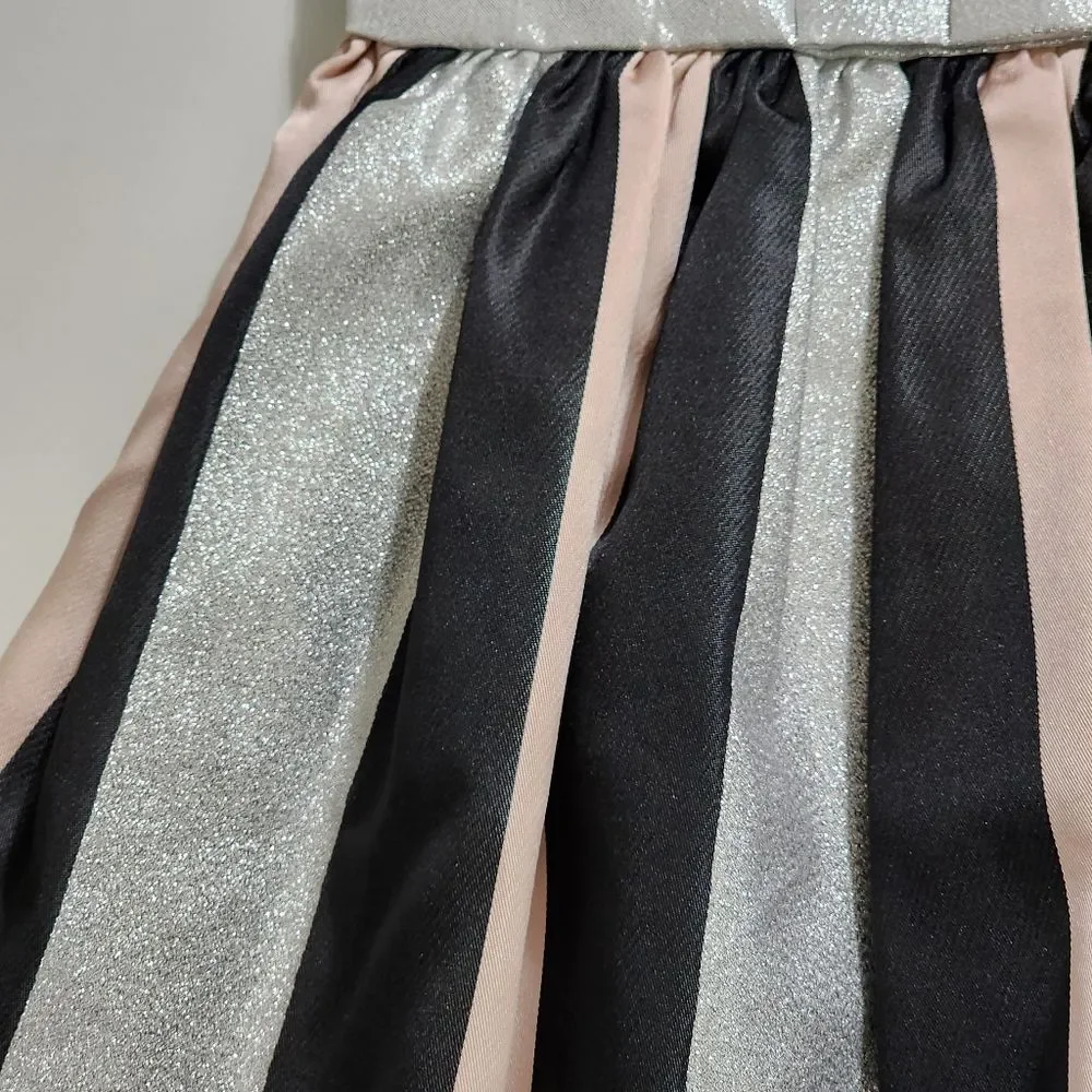 Elegant Metallic Silver Glitter Pink Black Striped Pleated Dress Size 5